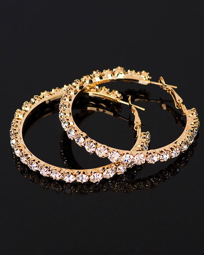 

1Pair Allover Rhinestone Hoop Earrings, Gold