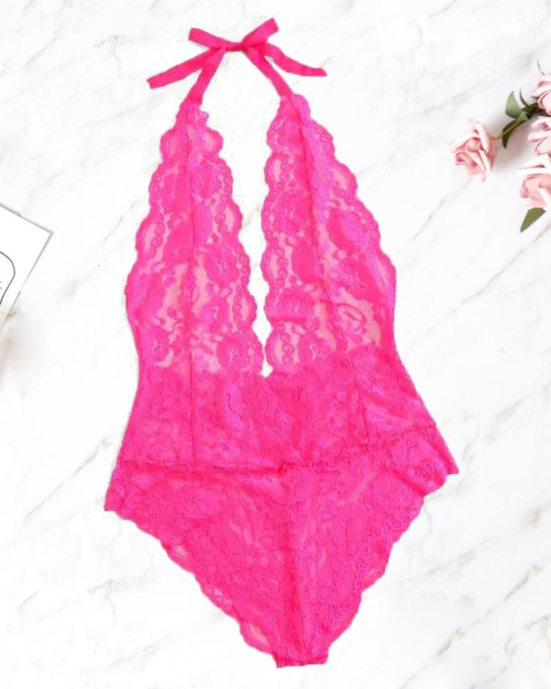 

Perspective Lace Hem Halter Bodysuit, Hot pink