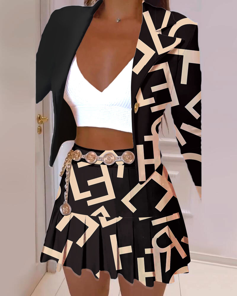 

Letter Print Long Sleeve Blazer & Pleated Skirt Set, Black