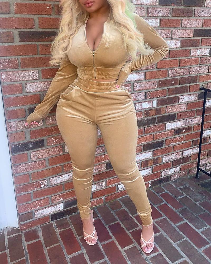 

Zipper Design Long Sleeve Crop Top & Skinny Pants Set, Apricot