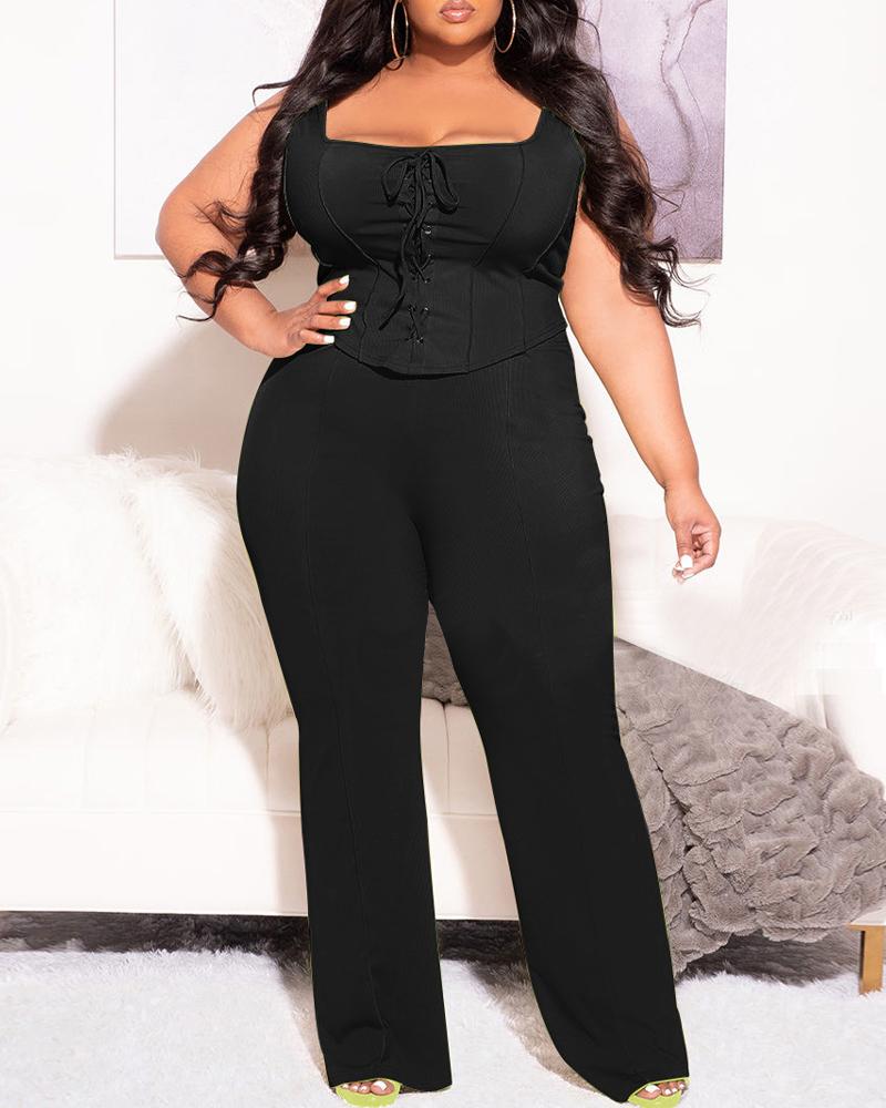 

Plus Size Grommet Eyelet Lace-up Tank Top & Pants Set, Black