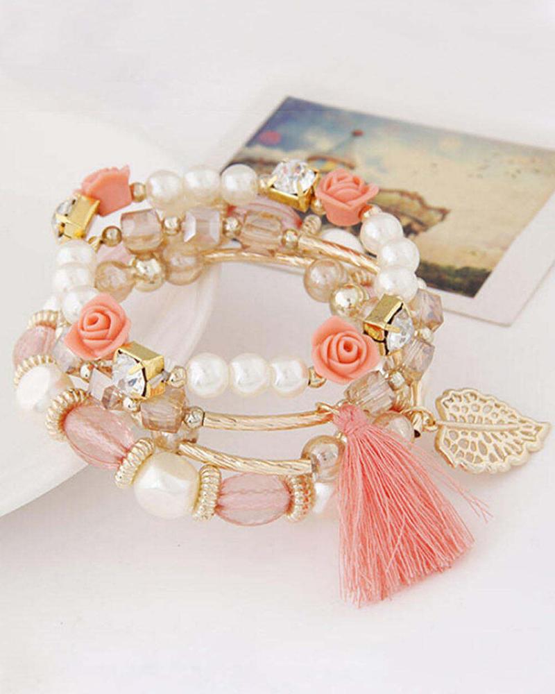

4PCS/Set Floral Leaf Pattern Tassel Design Beaded Bracelets, Pink