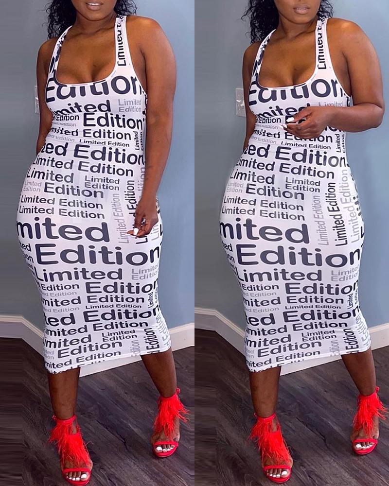 

Letter Print U-Neck Sleeveless Bodycon Dress, Blackwhite