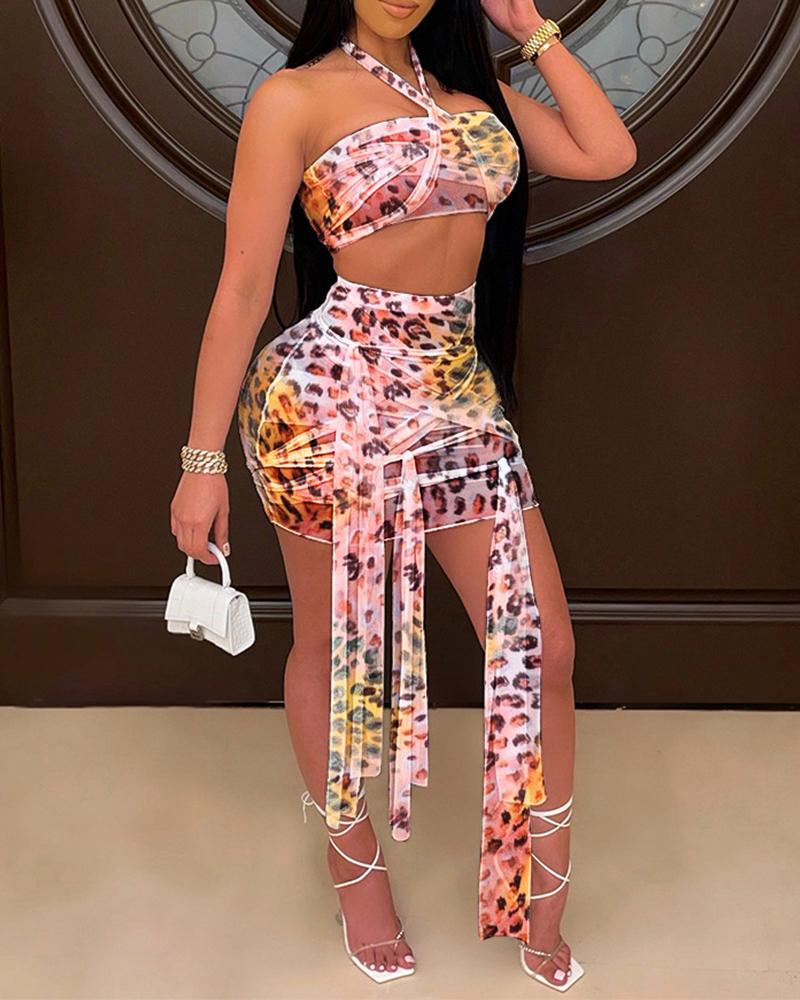 

Cheetah Print Halter Top & Strap Decor Skirt Set, Orange