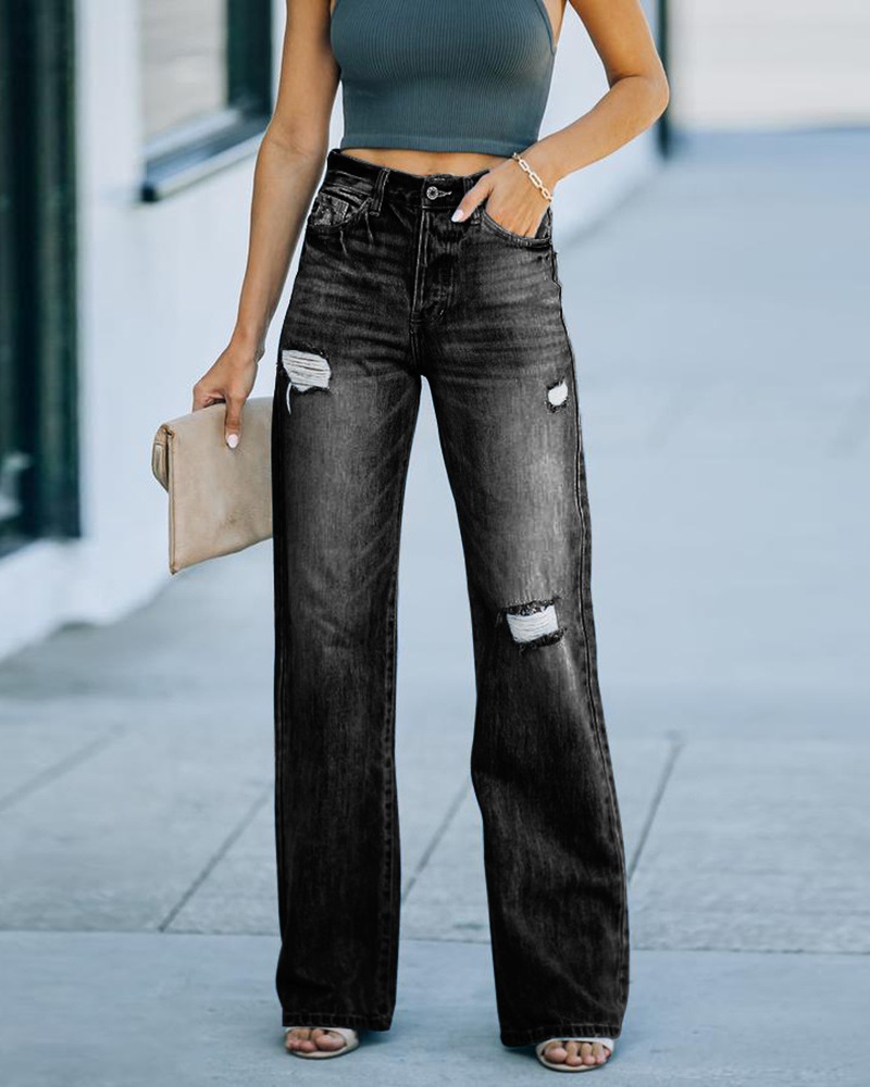 

Zip Fly Ripped Straight Leg Jeans, Black