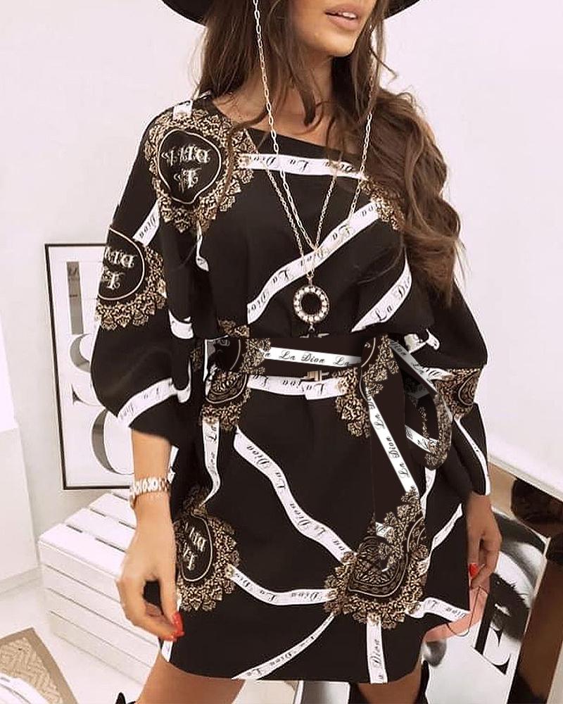 

Letter Baroque Print Long Sleeve Casual Dress, Black