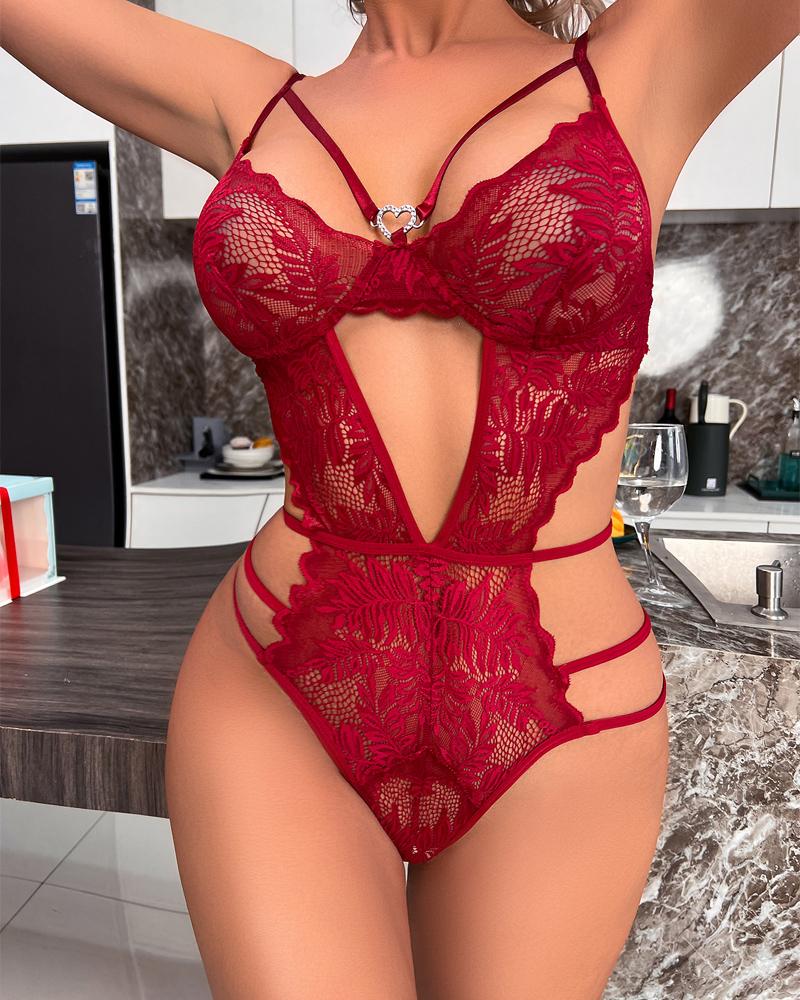 

Cutout Backless Embroidery Lace Teddy, Wine red