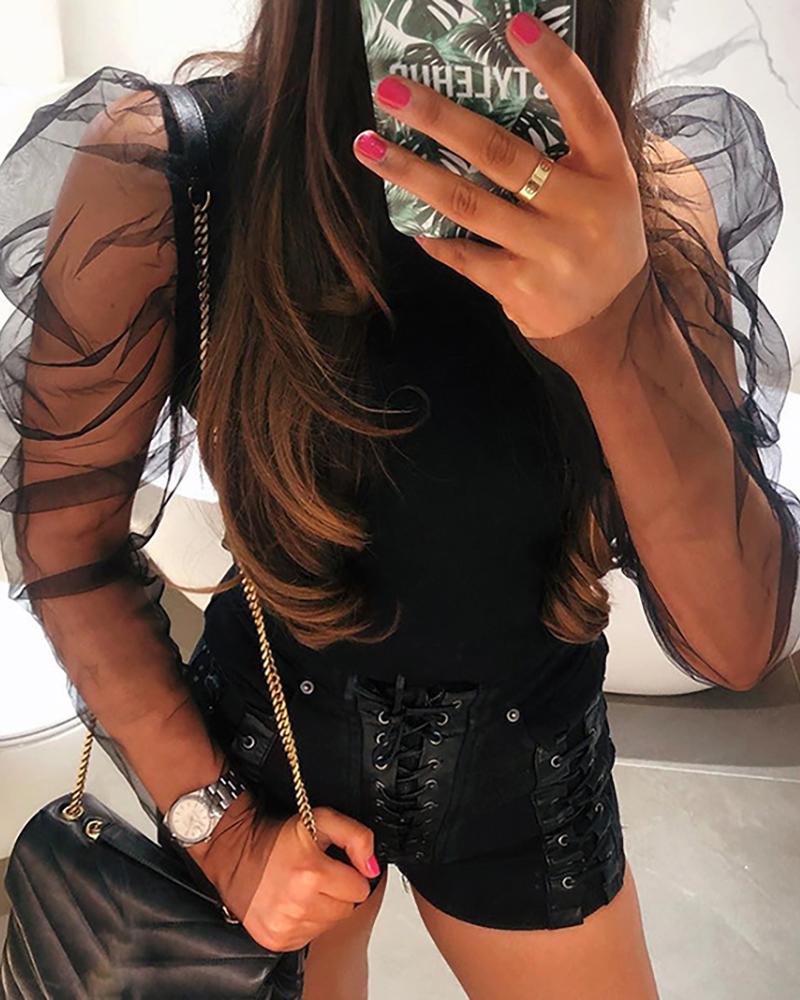

High Neck Sheer Mash Insert Blouse, Black