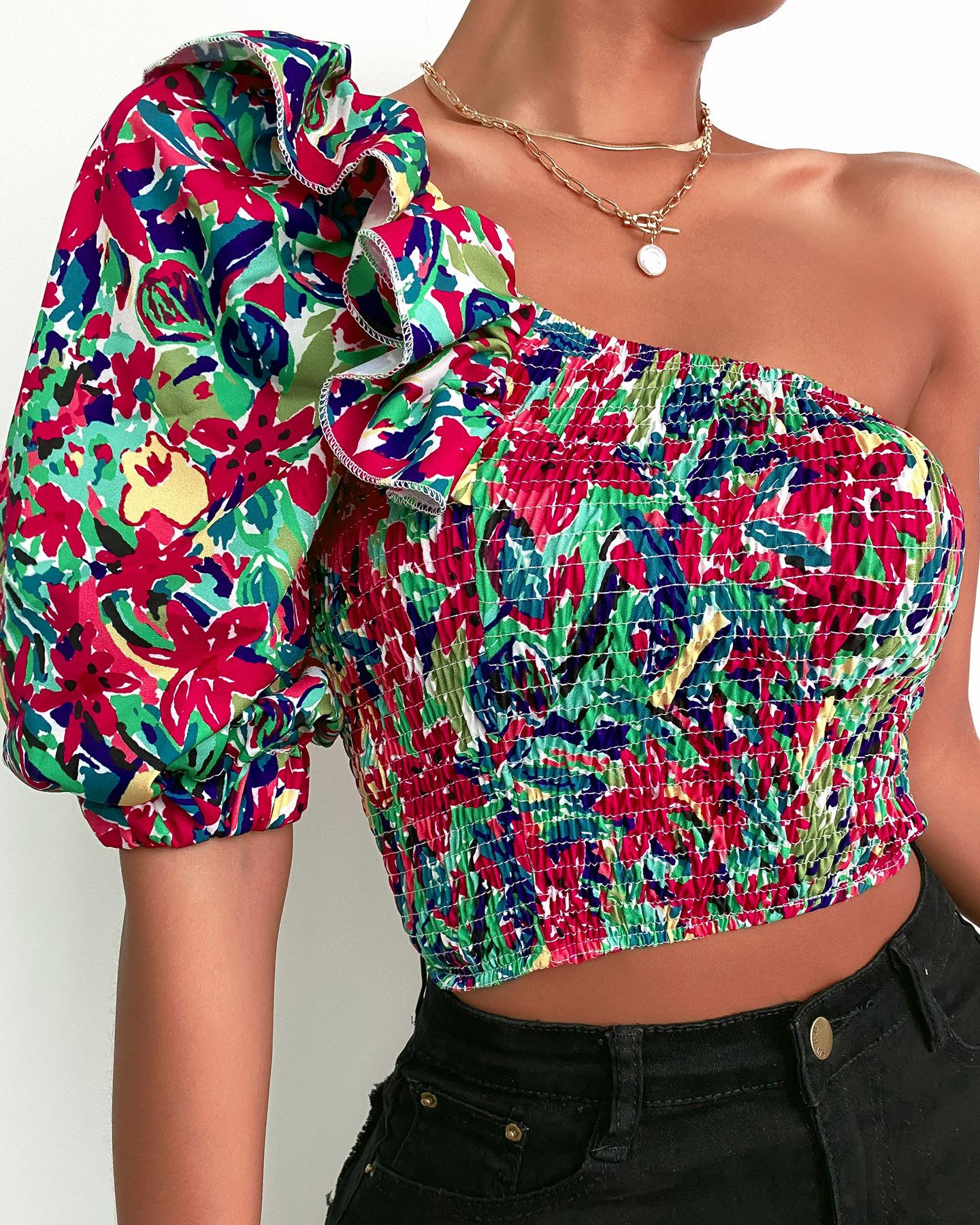 

One Shoulder Ruffles Shirred Floral Print Crop Top, Multicolor
