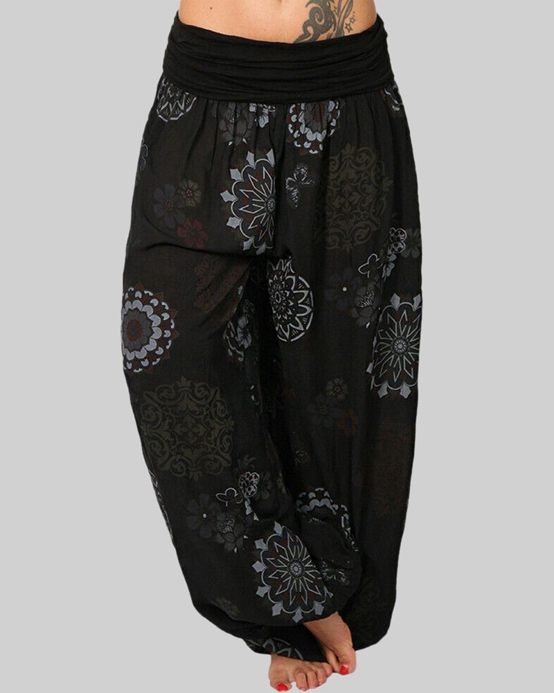 

Tribal Print Ruched Low Waist Harem Pants, Black
