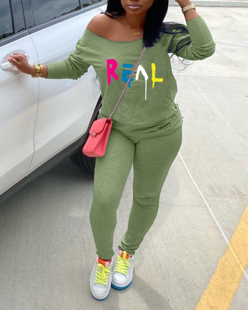 

Letter Print Long Sleeve Top & Pants Set, Green