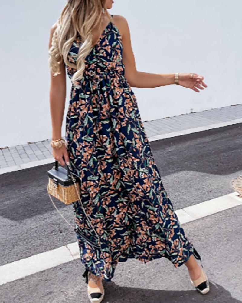 

Tropical Print Spaghetti Strap V-Neck Maxi Dress, Dark blue
