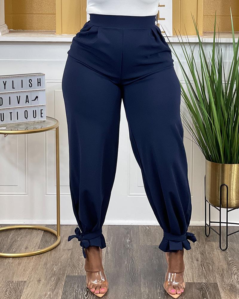 

Tied Detail High Waist Cuffed Pants, Purplish blue