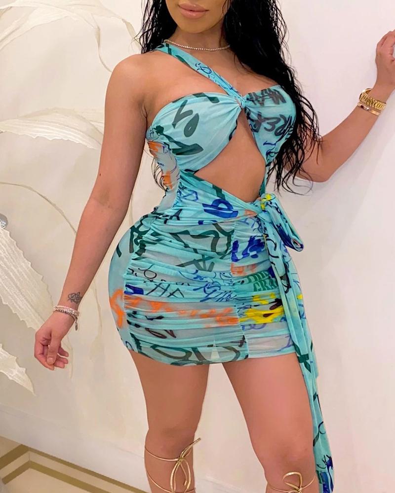 

Print Bandage Ruched Cut Out Dress, Blue