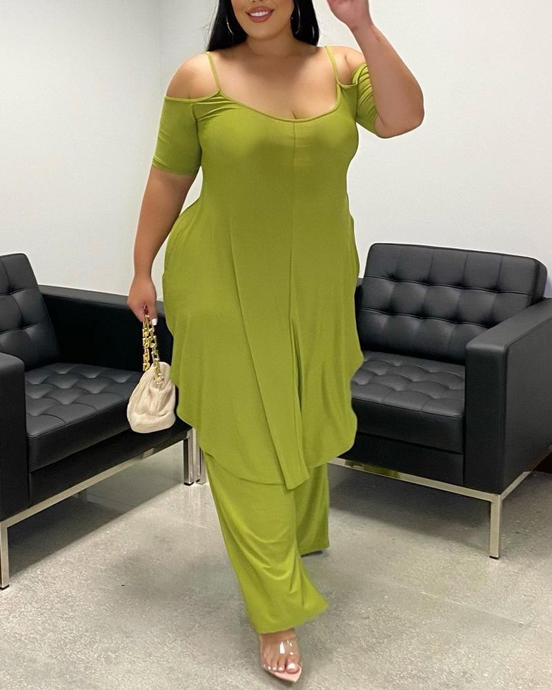 

Plus Size Cold Shoulder Asymmetrical Top & Casual Pants Set, Light green