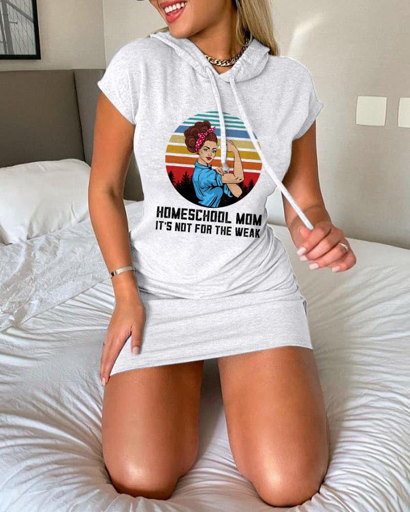 

Mother' Day Short Sleeve Graphic Letter Print Hooded T-shirt Dress, Light gray
