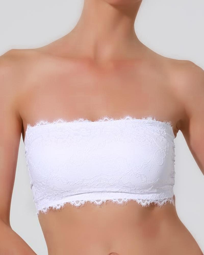 

Plain Contrast Lace Strapless Bra, White
