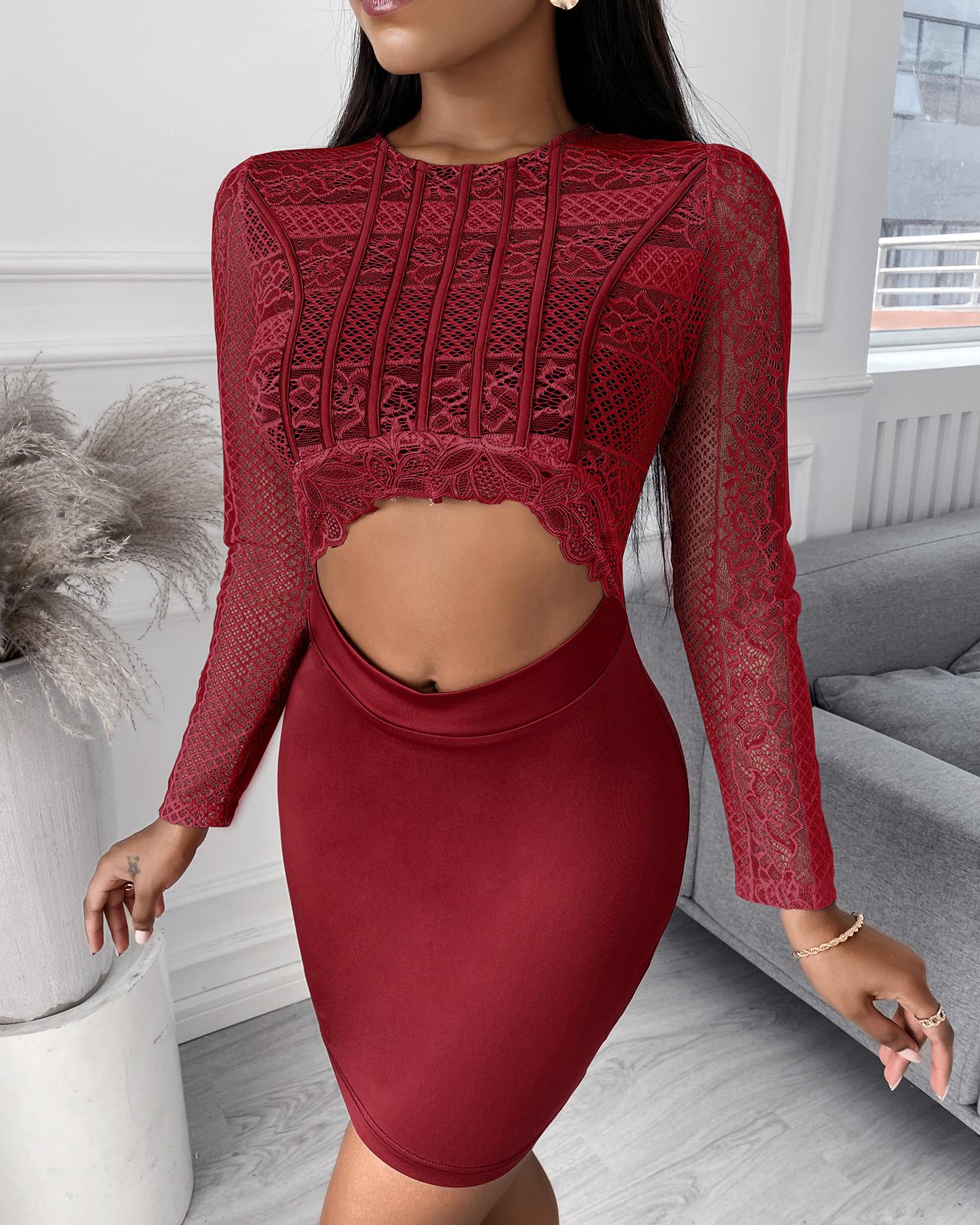 

Lace Cutout Front Bodycon Dress, Red