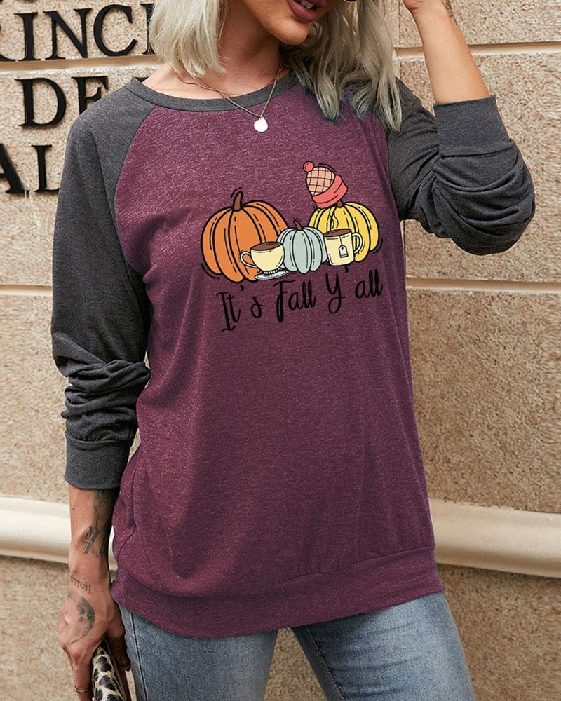 

Halloween Graphic Letter Print Colorblock O Neck Top, Purple