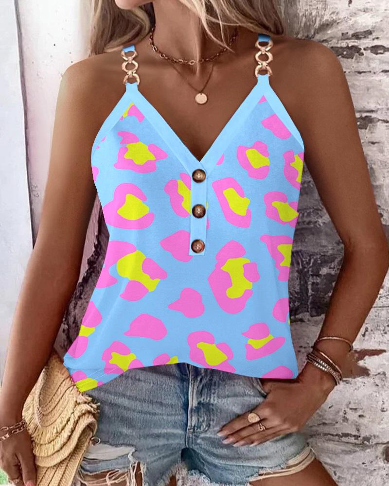 

Pink Leopard Print Chain Strap Buttoned Tank Top, Blue