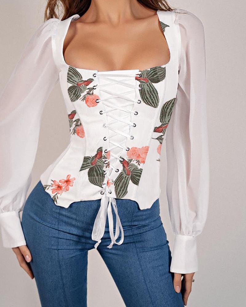 

Eyelet Lace Up Floral Print Mesh Lantern Sleeve Top, White