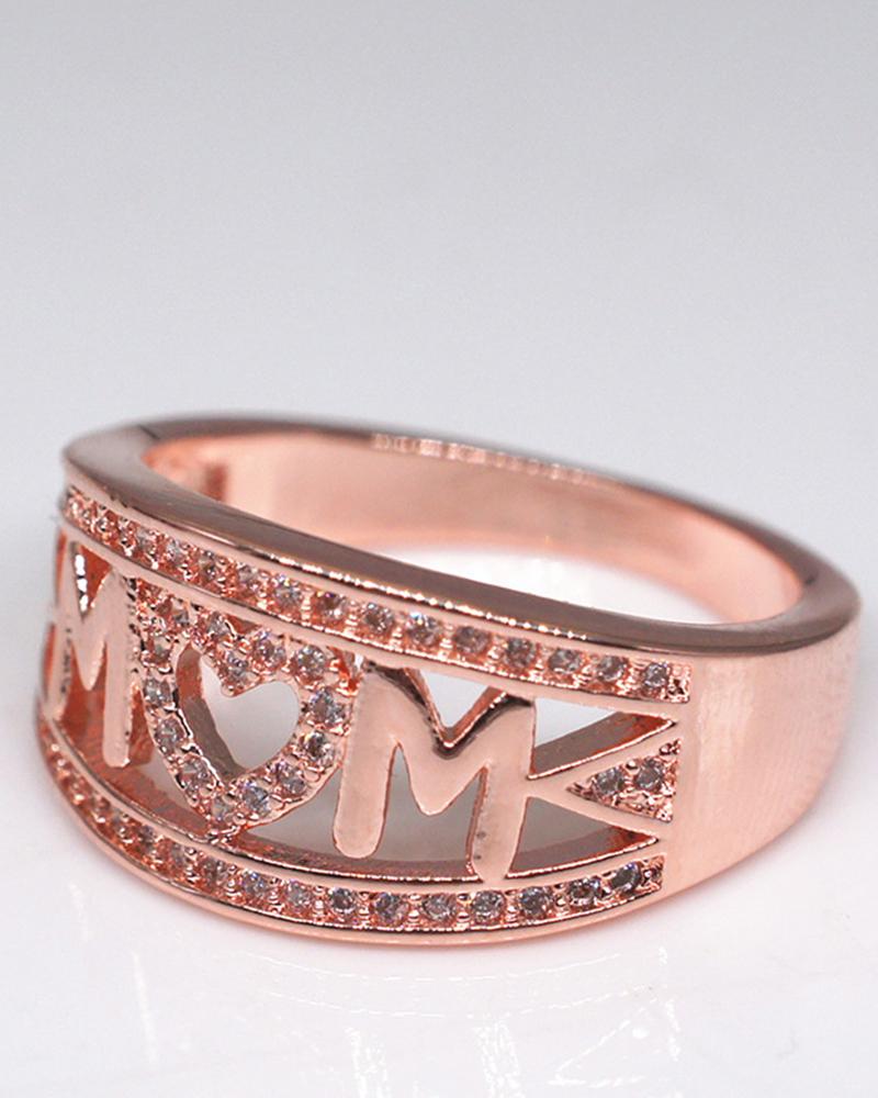 

1pc Mother's Day Gift Rhinestone Hollow Out Mom Letter Ring, Rose gold