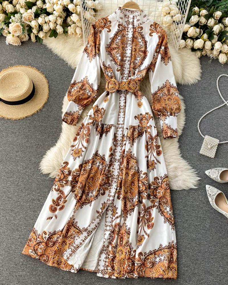 

Vintage All Over Print Long Sleeve Maxi Dress With Belt, Apricot