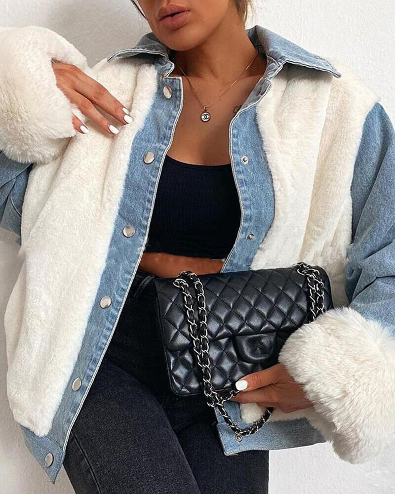 

Denim Patch Button Down Teddy Coat, Blue