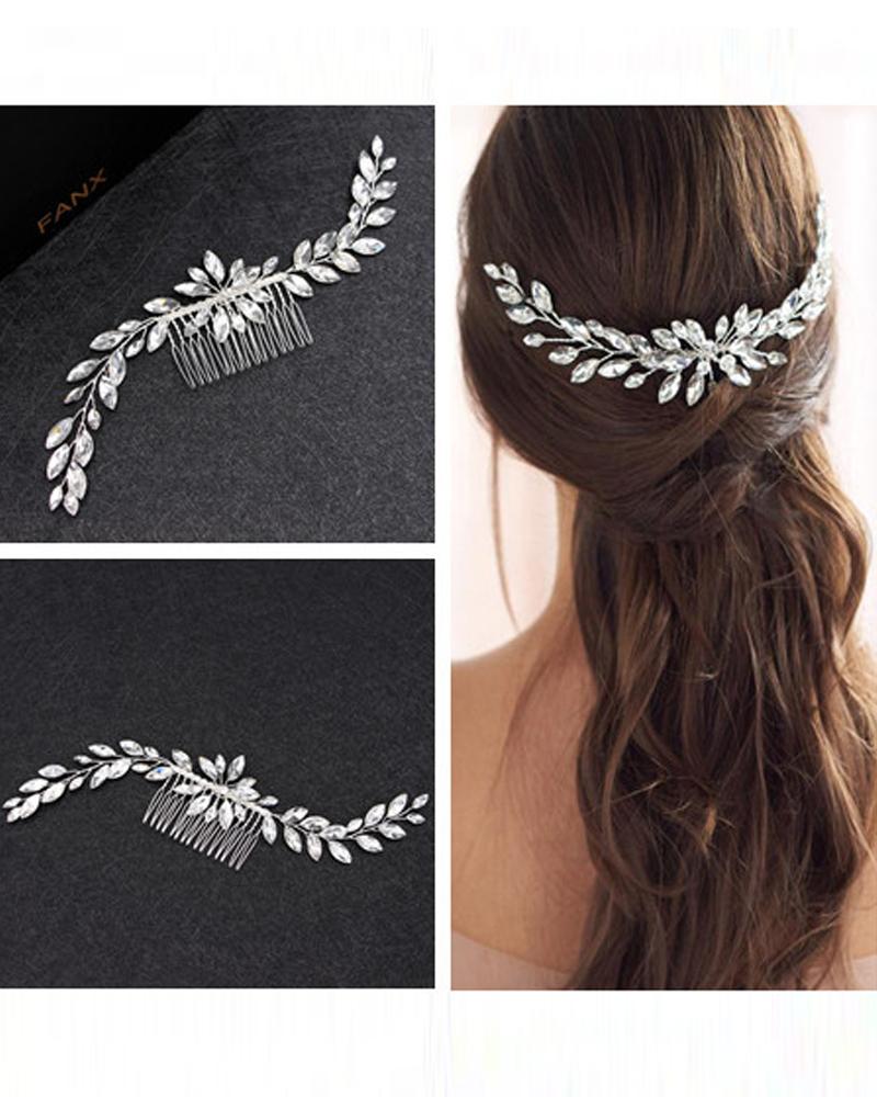

Bride Wedding Hair Comb Clip Rhinestone Leaf Side Combs Headpiece Bridal Hair Accessories, Silver