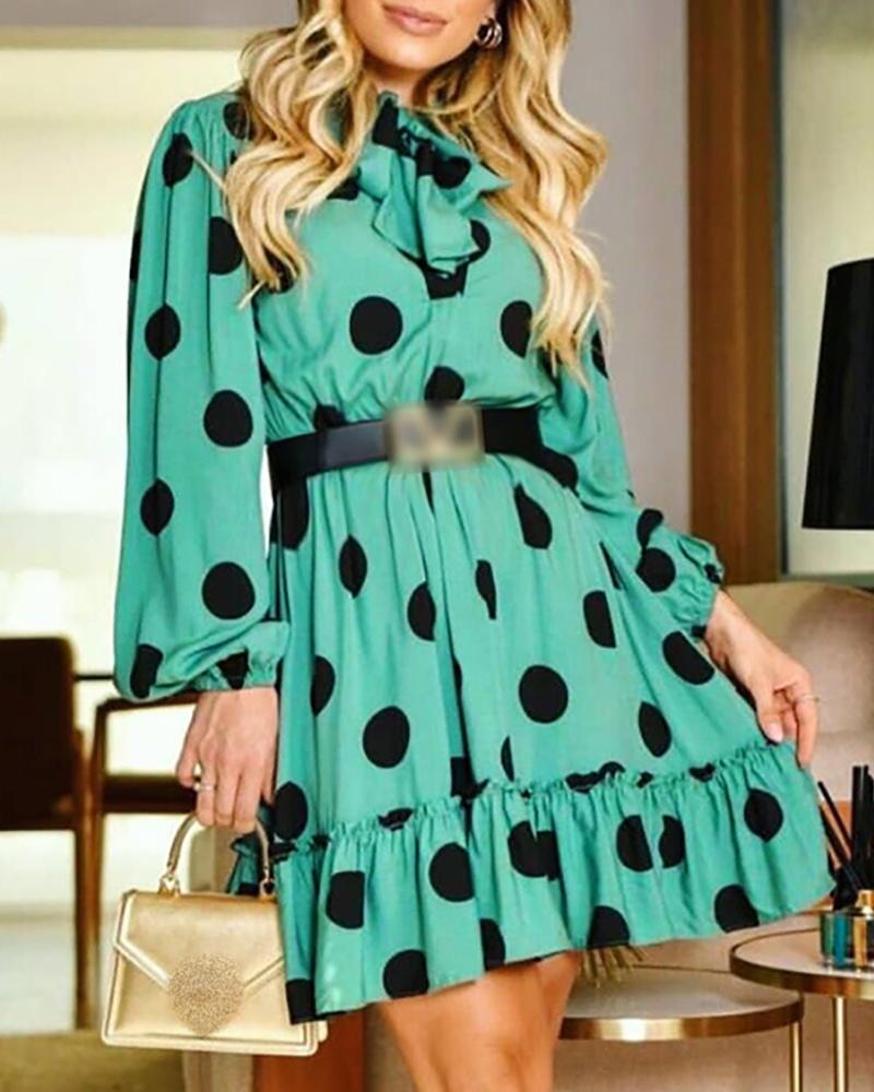 

Polkadot Print Long Sleeve Ruffles Hem Dress, Green