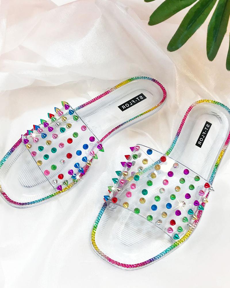 

Round-toe Multicolor Print Flat Slippers, White