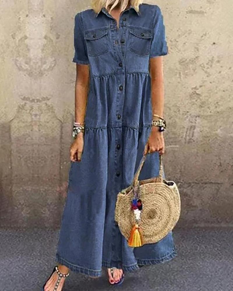 

Buttoned Pocket Design Denim Casual Dress, Dark blue