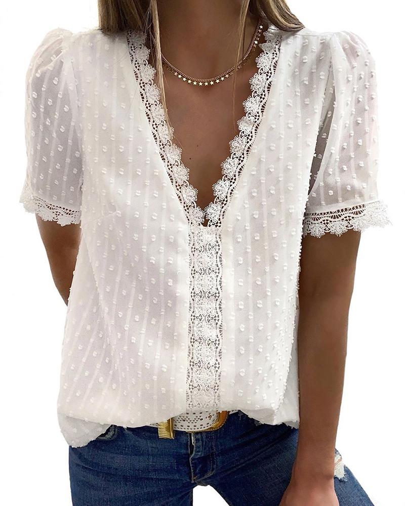 

V-Neck Swiss Dots Lace Insert Casual Blouse, White