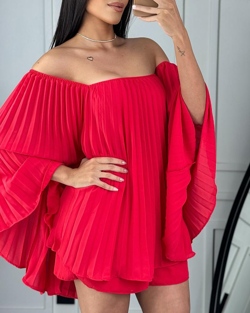 

2 Piece Off Shoulder Long Sleeve Ruched Cape Blouse Short Pants Elegant Pants Set, Red