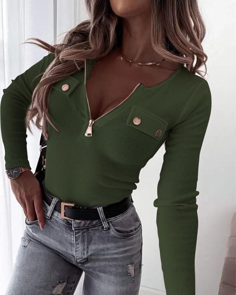 

Long Sleeve Zipper Front Ribbed Top, Army green