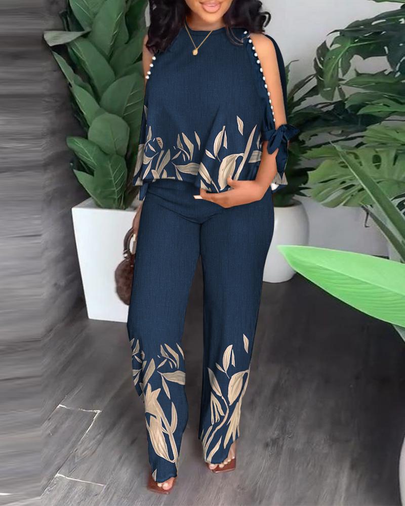 

Plants Print Tied Detail Beaded Top & Pants Set, Blue