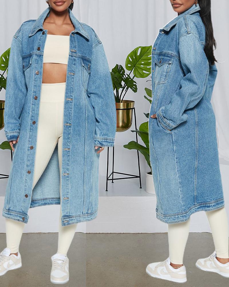 

Button Down Longline Denim Coat, Blue