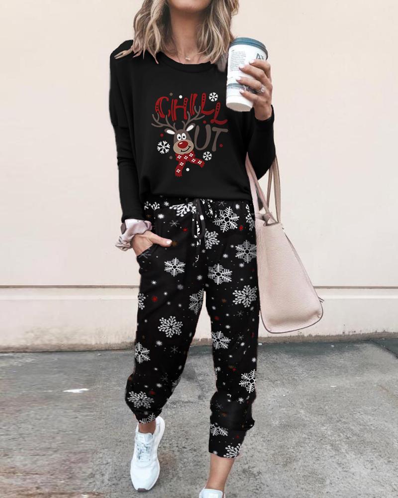 

Christmas Letter Moose Print Top & Snowflake Print Pants Set, Black