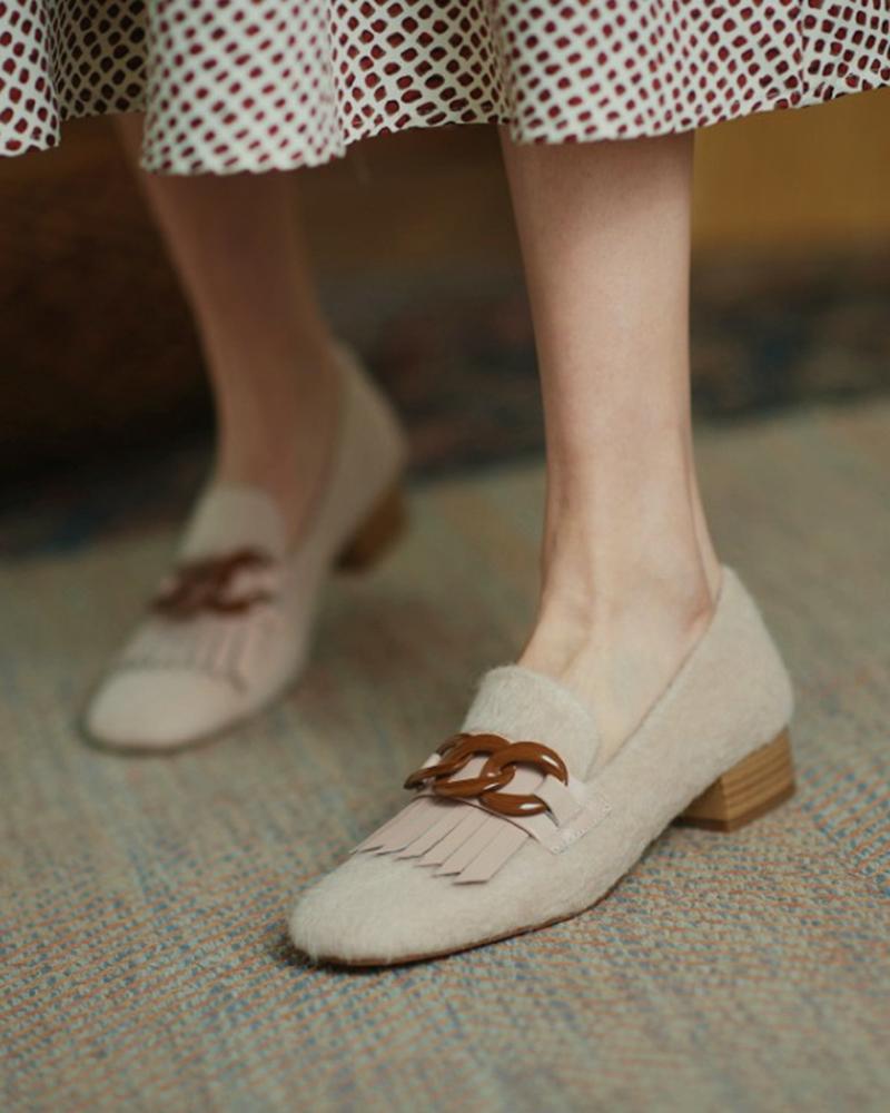 

Chain Design Tassel Fluffy Chunky Loafers, Beige