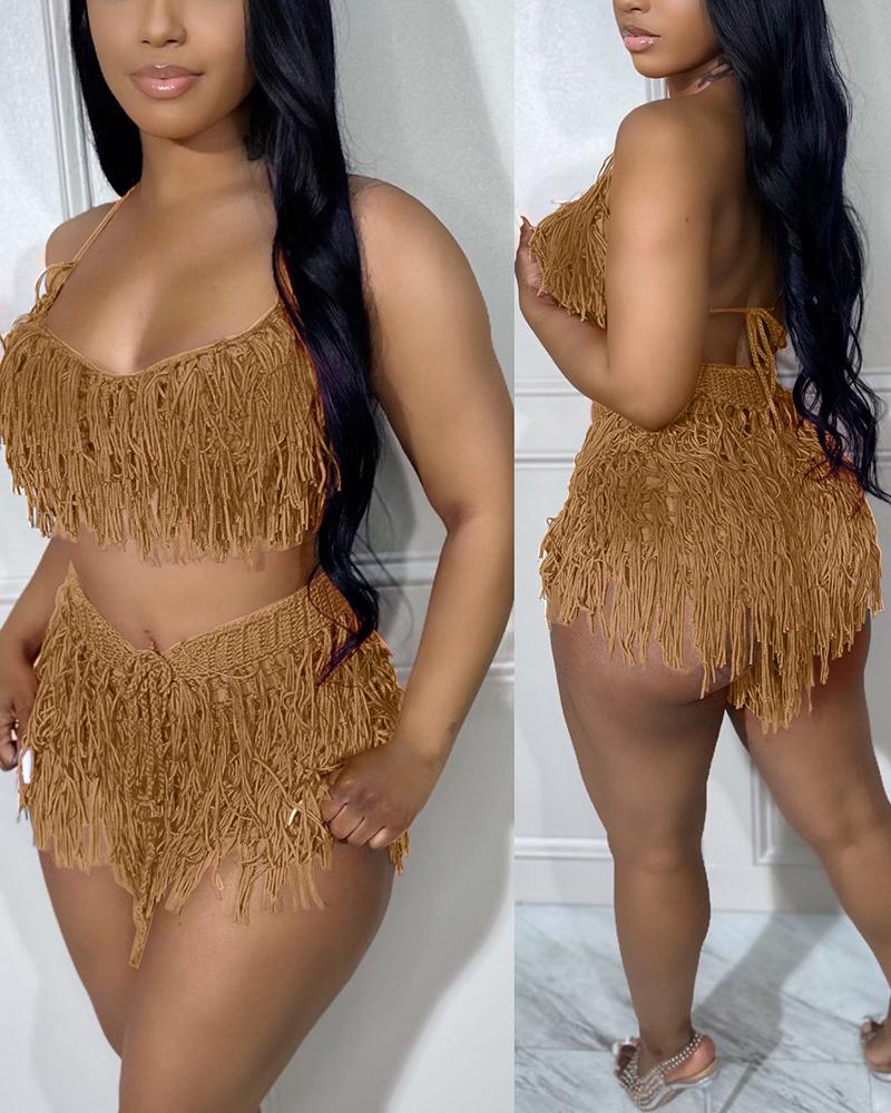 

Spaghetti Strap Crop Crochet Top & Tassel Design Shorts Set, Khaki