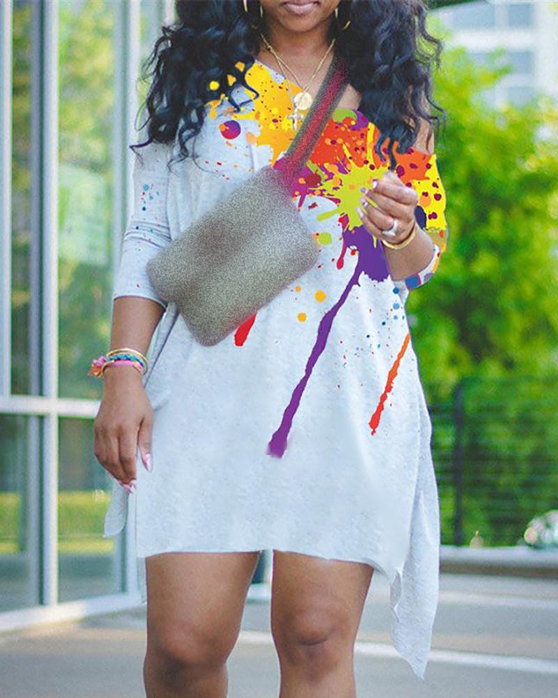 

Ink Splash Print One Shoulder Dip Hem T-shirt Dress, White
