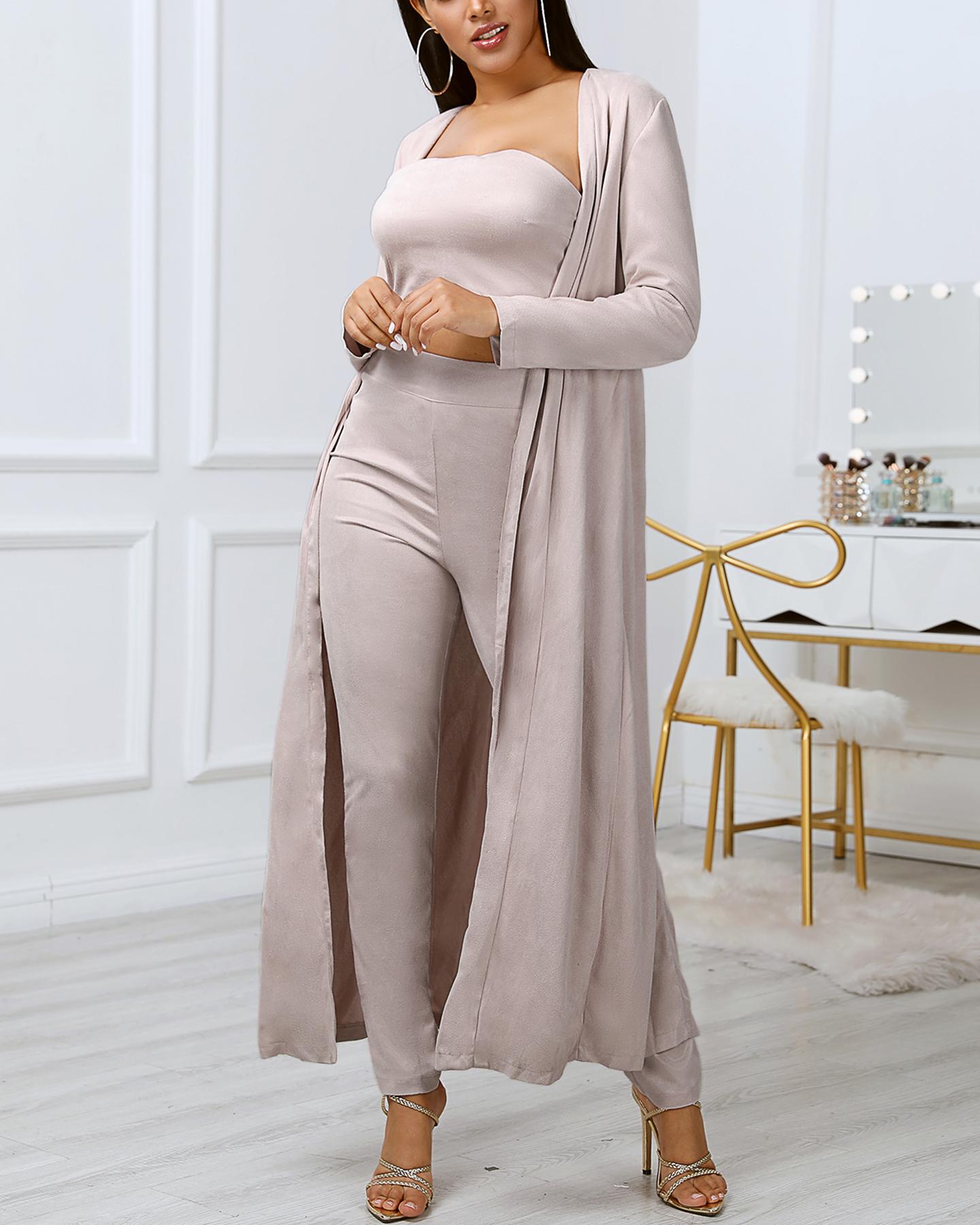 

3PCs Solid Cardigan Coat With Top and Pants, Beige