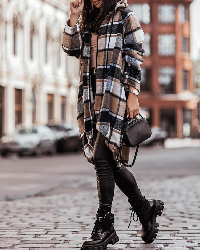 

Plaid Print Zipper Front Strap Decor Hooded Coat, Brown