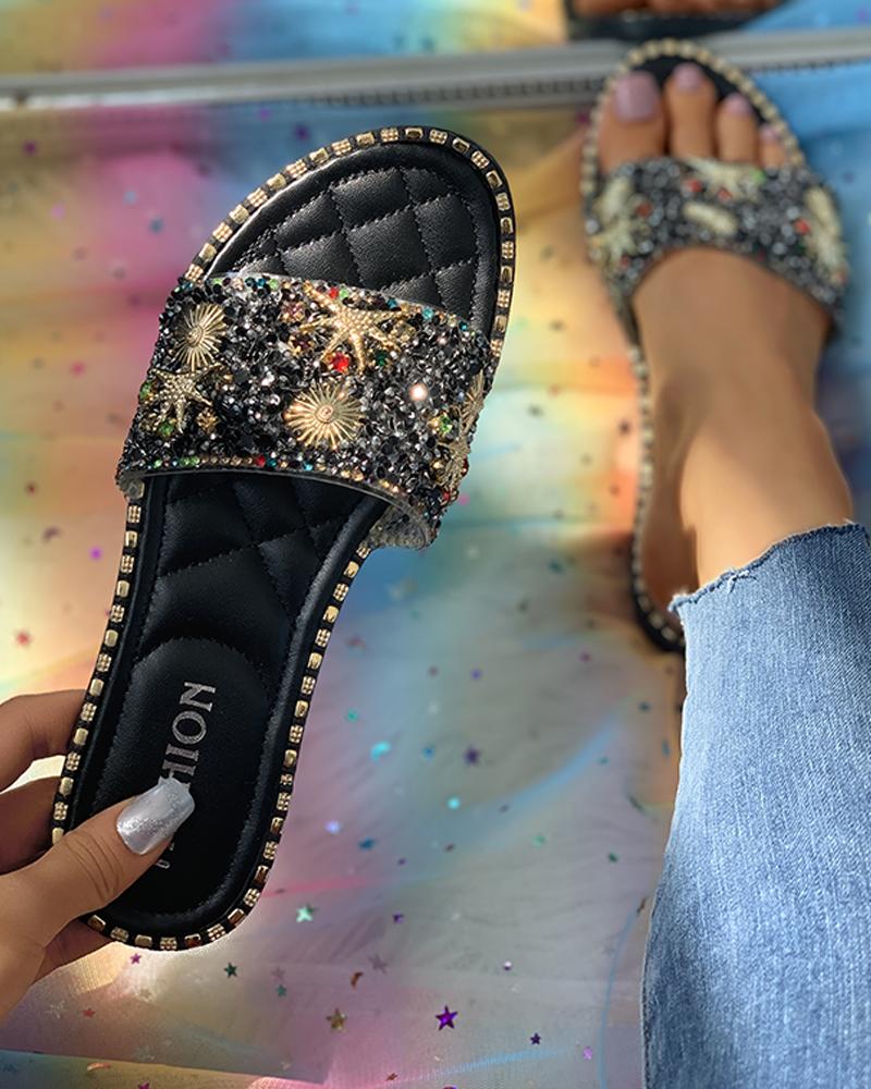 

Studded Stars Moon Pattern Open Toe Flat Sandals, Black