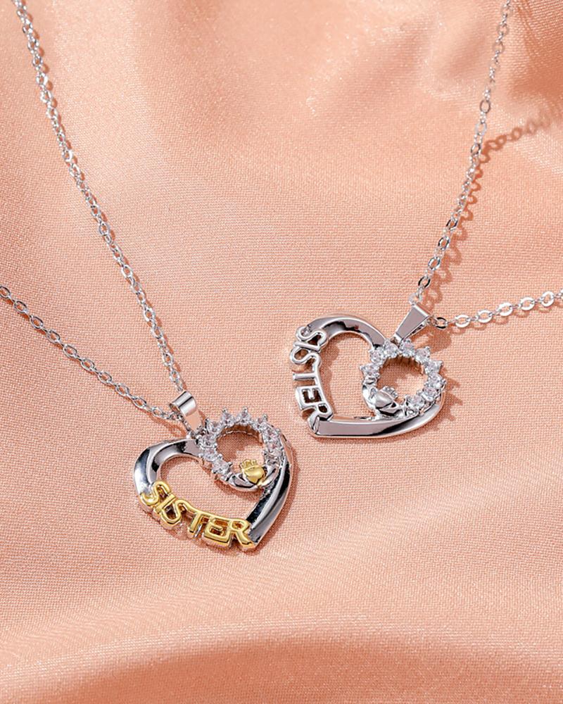 

1pc Letter Pattern Rhinestone Heart Shaped Pendant Necklace, Silver