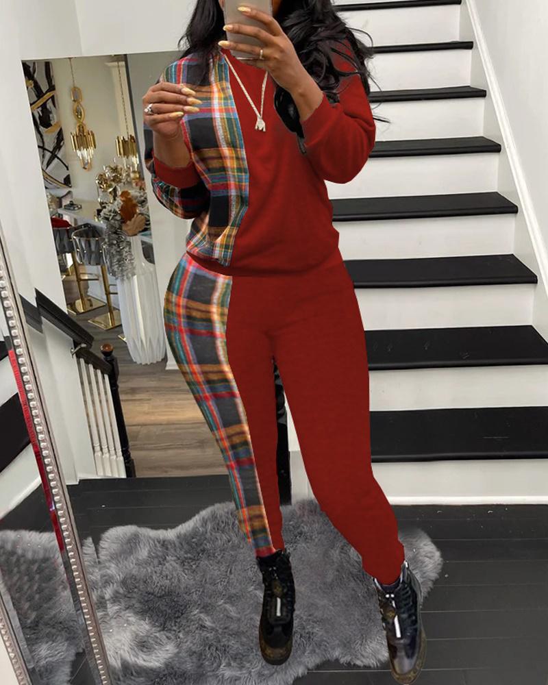 

Contrast Plaid Long Sleeve Casual Top & Pants Set, Wine red