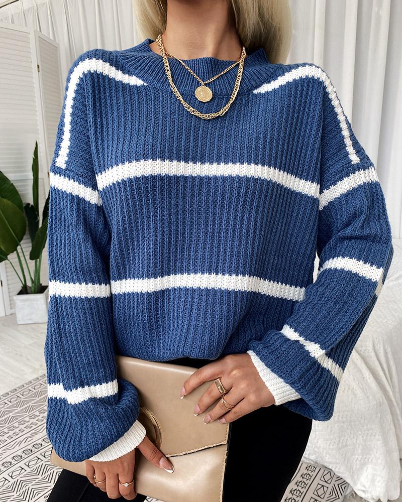 

Striped Bishop Sleeve Chunky Knit Sweater, Blue