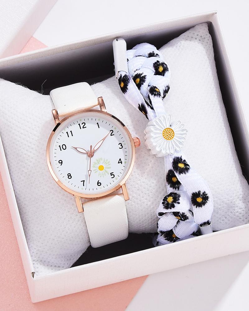 

Daisy Pattern Pointer Quartz Watch & Bracelet Set, White