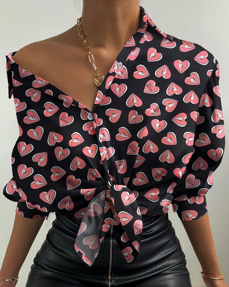 

Valentine' Day Heart Print Button Down Shirt, Black