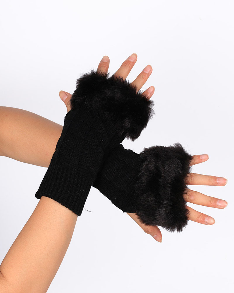 

1Pair Christmas Fuzzy Trim Knit Fingerless Gloves, Black